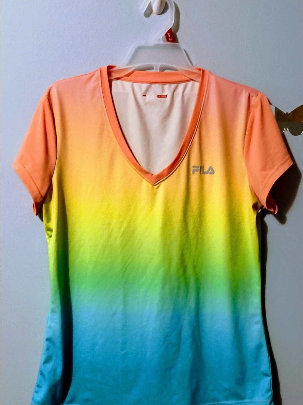 Fila Women's Gradient V-Neck Tee in Peach, Yellow & Aqua